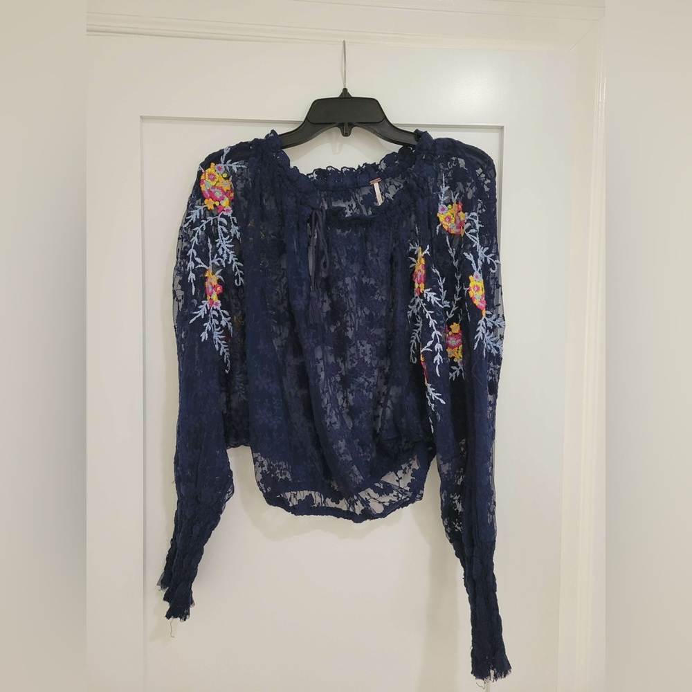 Free People navy blue lace floral embroidered long sleeve see thru dolman blouse